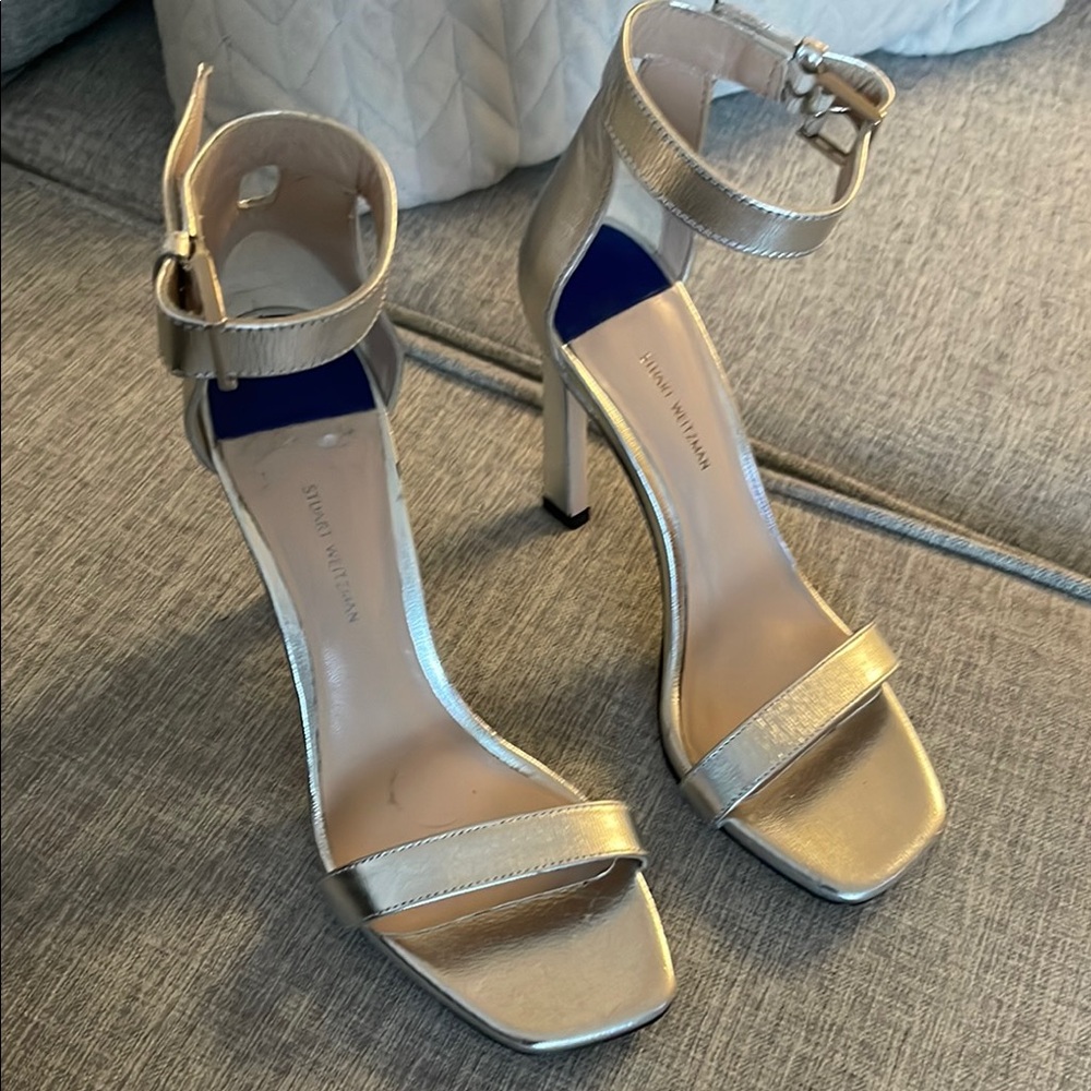 Stuart Weitzman Womens sz 7 - 100mm Silver Stiletto Heels with Ankle Strap